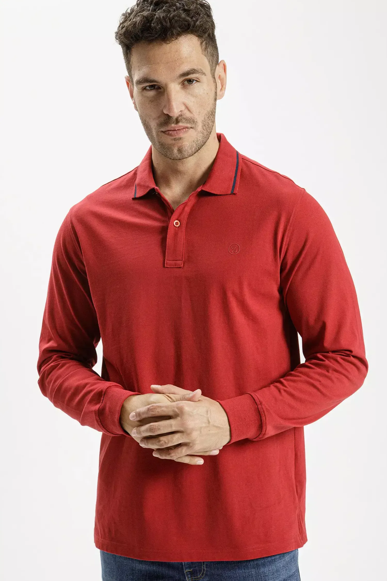 Longsleeve męski polo czerwony 16030-007<Cross Jeans Fashion