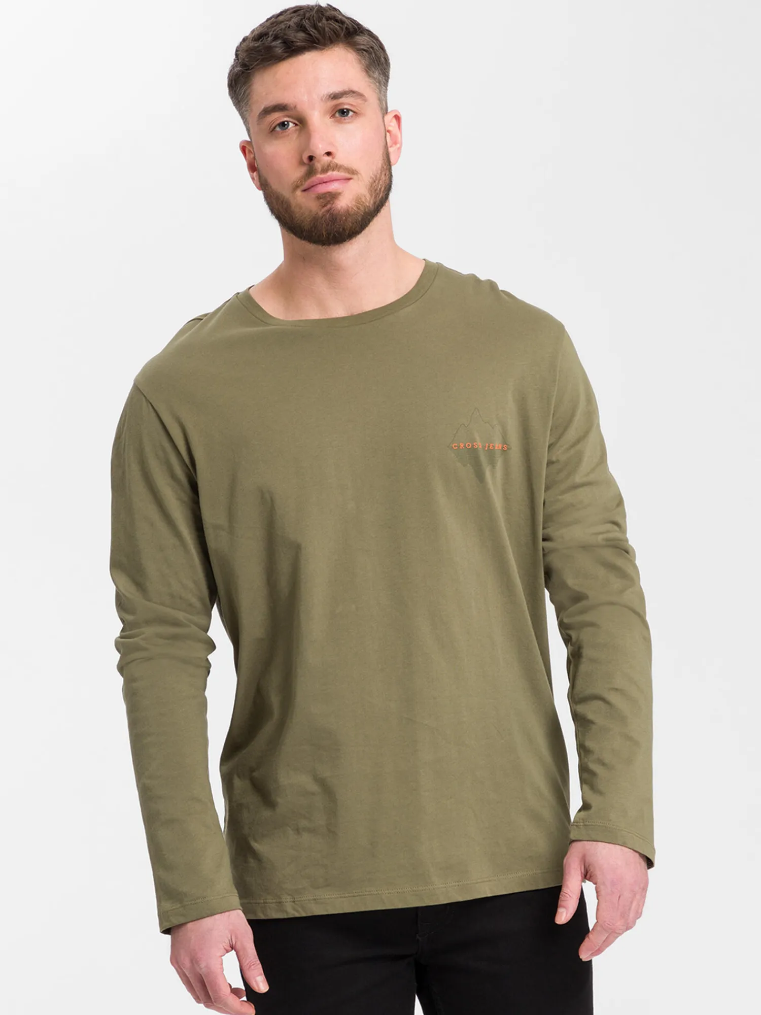 Longsleeve męski zielony z małym nadrukiem 15863-324 DUSKY GREEN<Cross Jeans Clearance