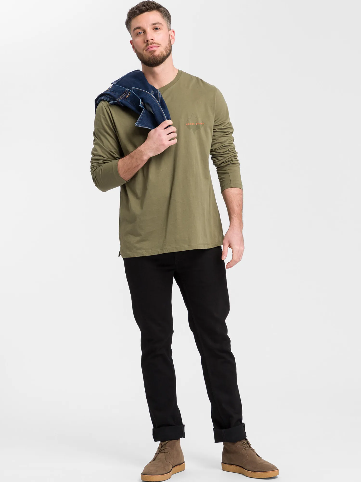 Longsleeve męski zielony z małym nadrukiem 15863-324 DUSKY GREEN<Cross Jeans Clearance