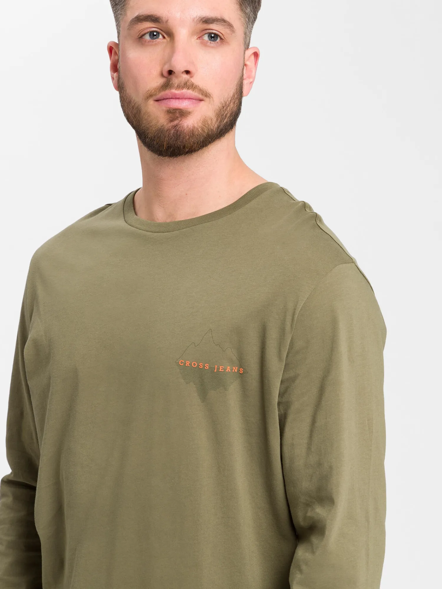 Longsleeve męski zielony z małym nadrukiem 15863-324 DUSKY GREEN<Cross Jeans Clearance