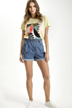 T-shirt damski żółty z nadrukiem 55963-006<Cross Jeans Fashion