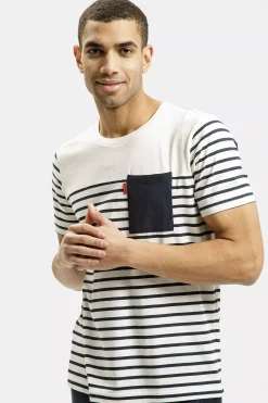 T-shirt męski biały w paski 16068-008<Cross Jeans Fashion