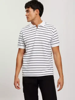 T-shirt męski polo biały w paski 16053-008<Cross Jeans Clearance